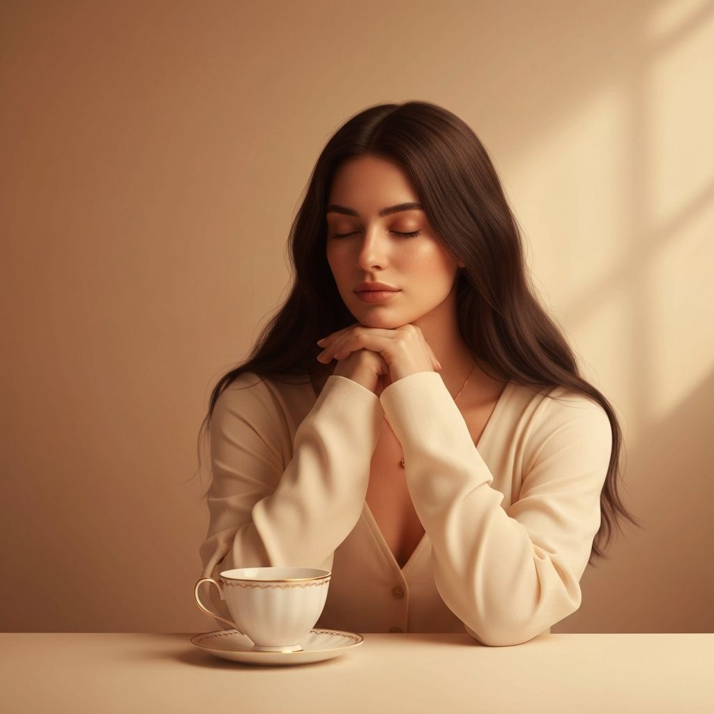 Person in a contemplative state beside a tea cup