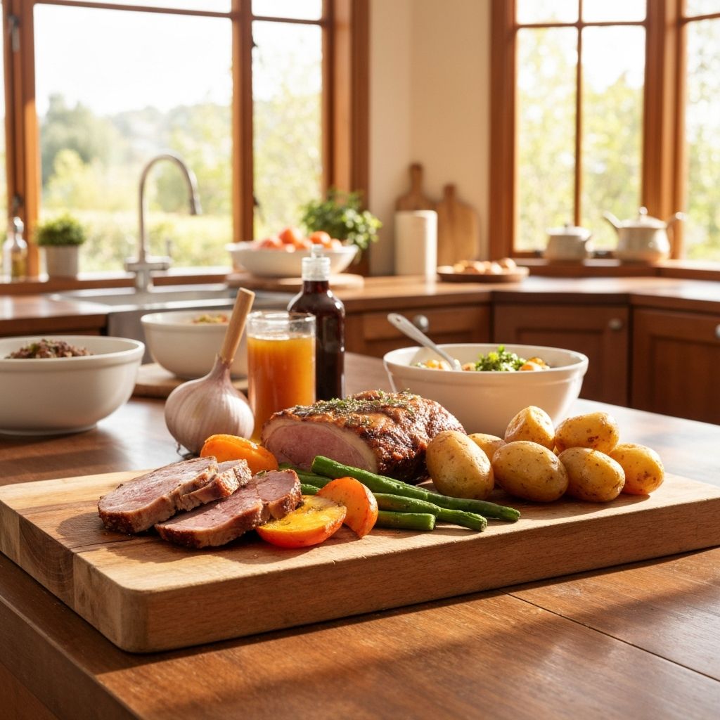 Traditional British meal setting with fresh ingredients